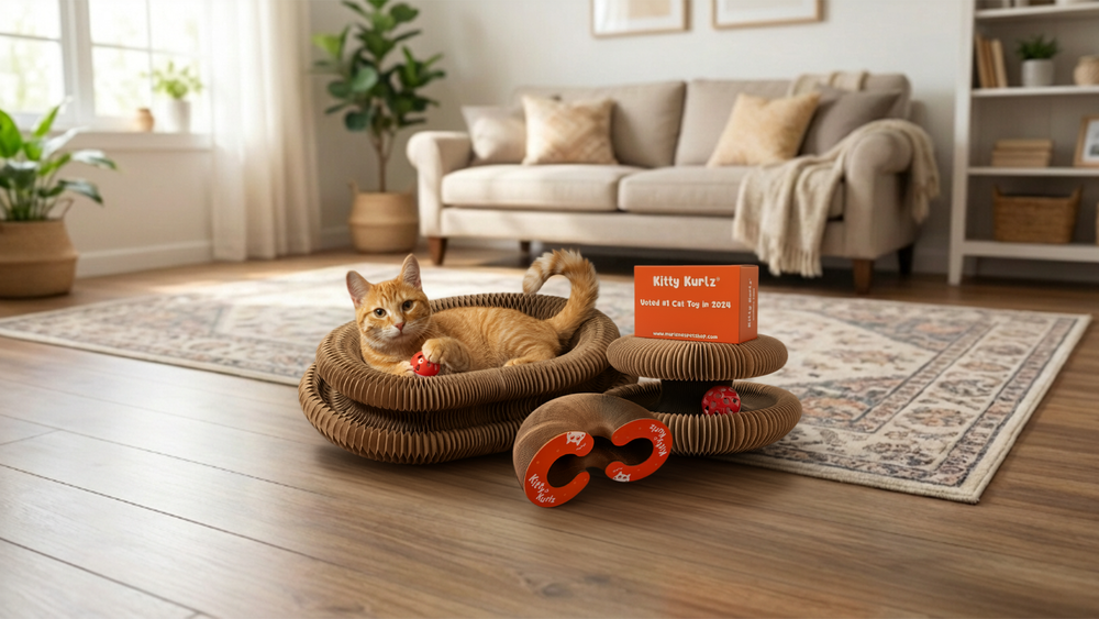 Ginger cat playing with Kitty Kurlz cat toy in a modern living room