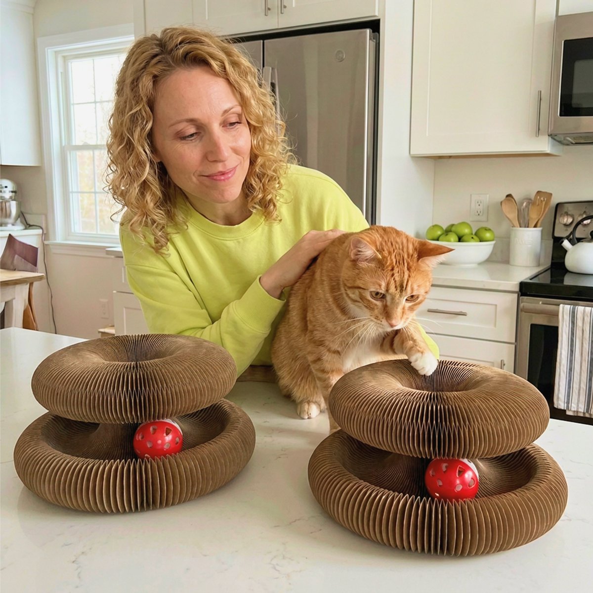 Olivia with her cat and two Kitty Kurlz