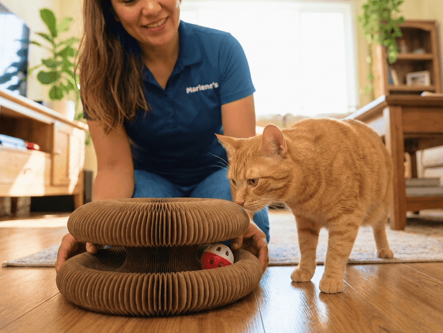 Cat sniffing the Kitty Kurlz on the floor